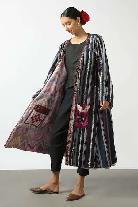 Buy Latha Puttanna Black Silk Beads, Sequins, Mirrors Open Neck Handwoven Reversible Jacket Online at Aza Fashions Buy_Latha Puttanna_Black Silk Beads, Sequins, Mirrors Open Neck Handwoven Reversible Jacket _Online_at_Aza_Fashions