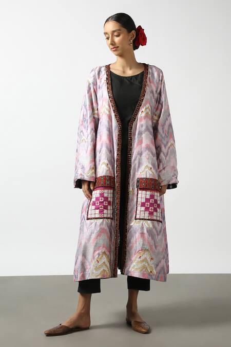 Shop Latha Puttanna Black Silk Beads, Sequins, Mirrors Open Neck Handwoven Reversible Jacket Online at Aza Fashions Shop_Latha Puttanna_Black Silk Beads, Sequins, Mirrors Open Neck Handwoven Reversible Jacket _Online_at_Aza_Fashions