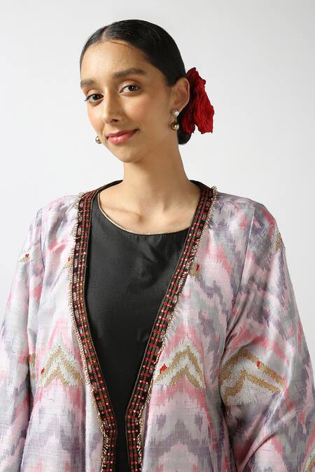 Latha Puttanna Black Silk Beads, Sequins, Mirrors Open Neck Handwoven Reversible Jacket at Aza Fashions Latha Puttanna_Black Silk Beads, Sequins, Mirrors Open Neck Handwoven Reversible Jacket _at_Aza_Fashions