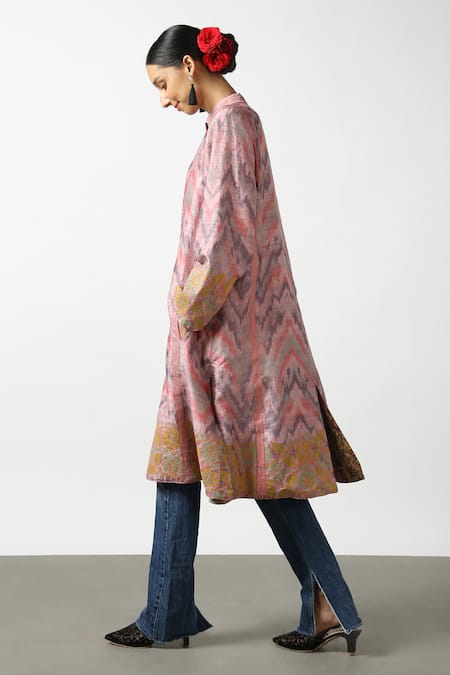LATHA PUTTANNA_Pink Silk Embroidery Handwoven Ikat Pattern Coat _Online_at_Aza_Fashions