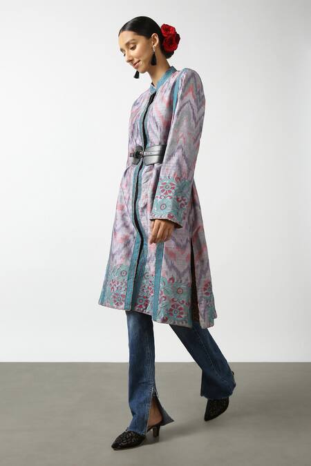 LATHA PUTTANNA_Purple Handloom Cotton Embroidery Ikat Pattern Handwoven Silk Coat _Online_at_Aza_Fashions