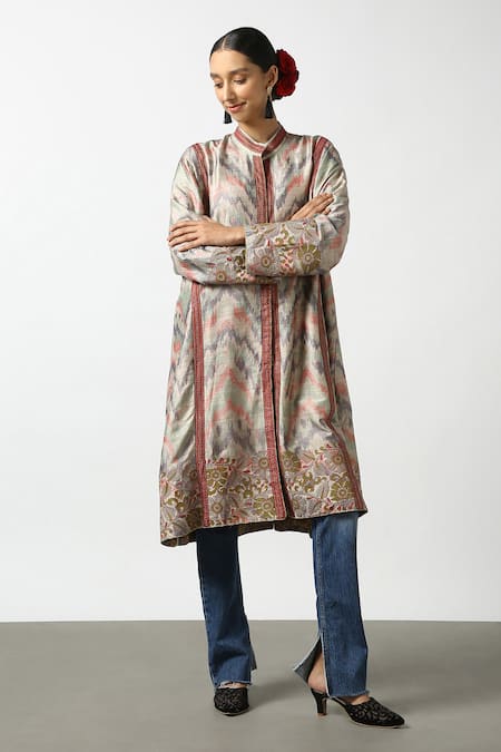 Latha Puttanna Ikat Pattern Handwoven Silk Long Coat 