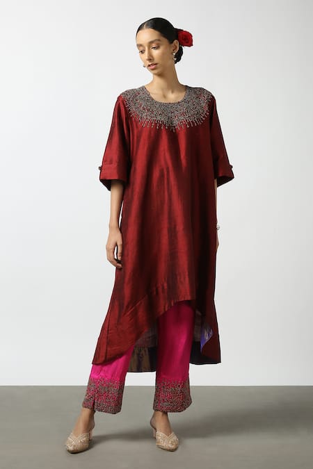 Latha Puttanna Raw Silk Neckline Embroidered Tunic 