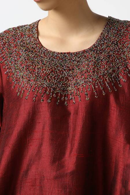 Latha Puttanna_Maroon Silk Beads Round Neck Raw Neckline Embroidered Tunic _Online_at_Aza_Fashions