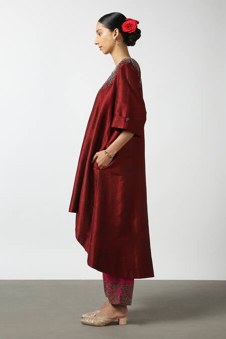 Buy_Latha Puttanna_Maroon Silk Beads Round Neck Raw Neckline Embroidered Tunic _Online_at_Aza_Fashions