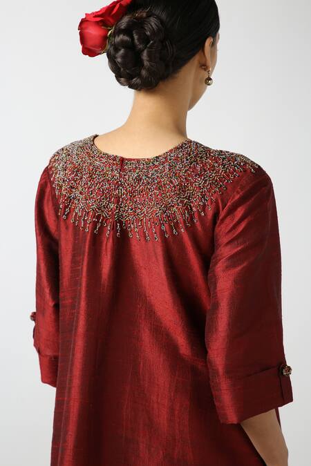 Shop_Latha Puttanna_Maroon Silk Beads Round Neck Raw Neckline Embroidered Tunic _Online_at_Aza_Fashions