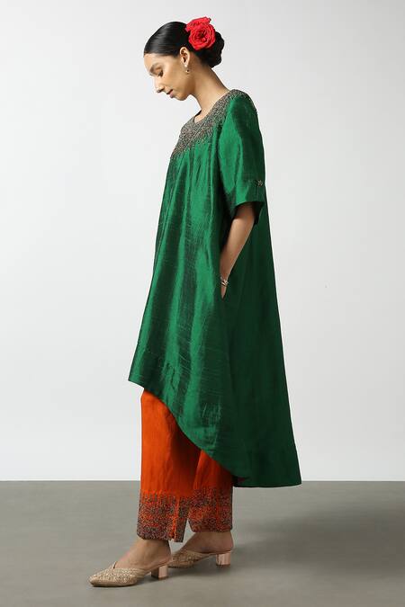 LATHA PUTTANNA_Green Raw Silk Embroidery Glass Bead Round Tunic _Online_at_Aza_Fashions