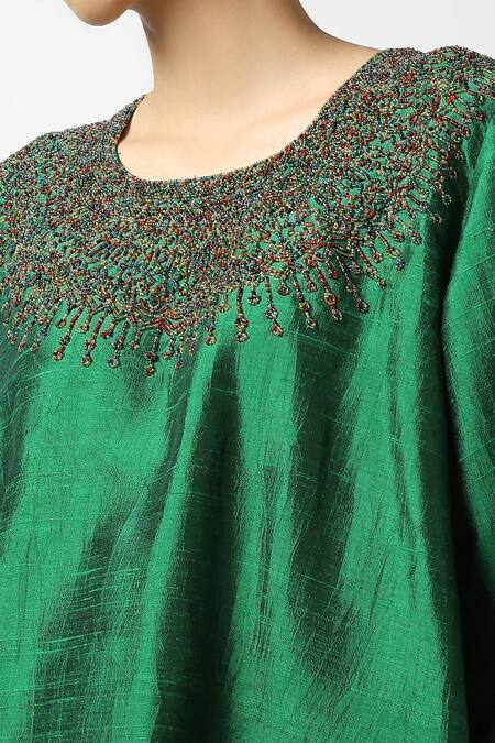 Shop_LATHA PUTTANNA_Green Raw Silk Embroidery Glass Bead Round Tunic _Online_at_Aza_Fashions