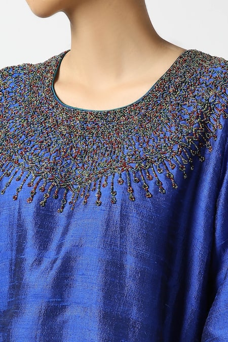 Latha Puttanna_Blue Raw Silk Embroidery Glass Bead Round Tunic _Online_at_Aza_Fashions