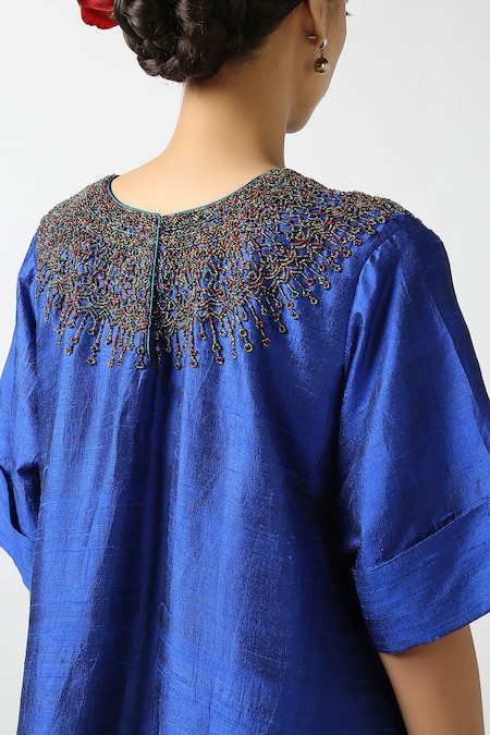 Buy_Latha Puttanna_Blue Raw Silk Embroidery Glass Bead Round Tunic _Online_at_Aza_Fashions