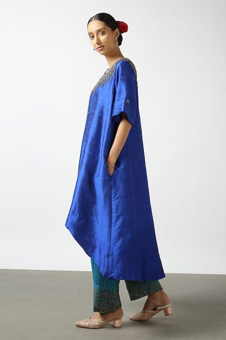 Latha Puttanna_Blue Raw Silk Embroidery Glass Bead Round Tunic _at_Aza_Fashions