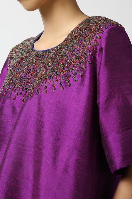 LATHA PUTTANNA_Purple Raw Silk Embroidery Glass Bead Round Neckline Tunic _Online_at_Aza_Fashions