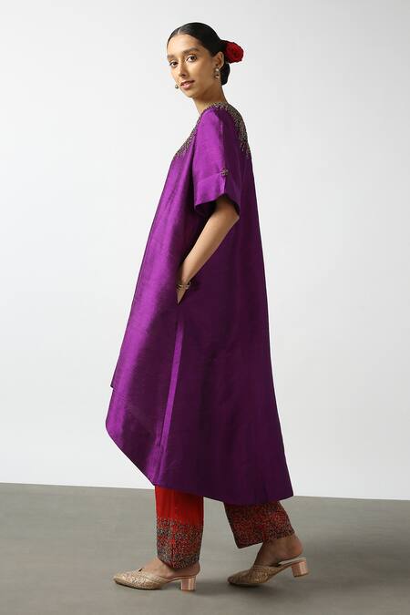 Buy_LATHA PUTTANNA_Purple Raw Silk Embroidery Glass Bead Round Neckline Tunic _Online_at_Aza_Fashions