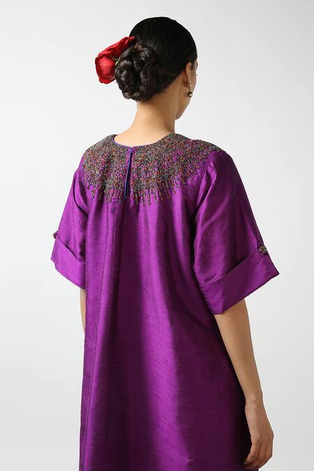 Shop_LATHA PUTTANNA_Purple Raw Silk Embroidery Glass Bead Round Neckline Tunic _Online_at_Aza_Fashions
