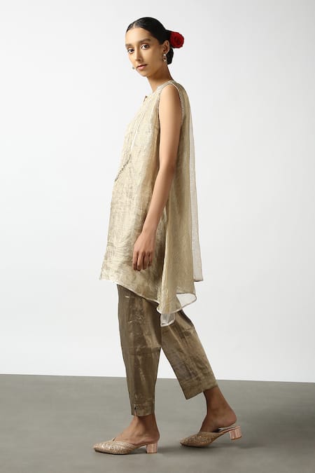 Shop Latha Puttanna Beige Silk Tissue Embroidery Gota Keyhole Kurta And Pant Set Online at Aza Fashions Shop_Latha Puttanna_Beige Silk Tissue Embroidery Gota Keyhole Kurta And Pant Set _Online_at_Aza_Fashions