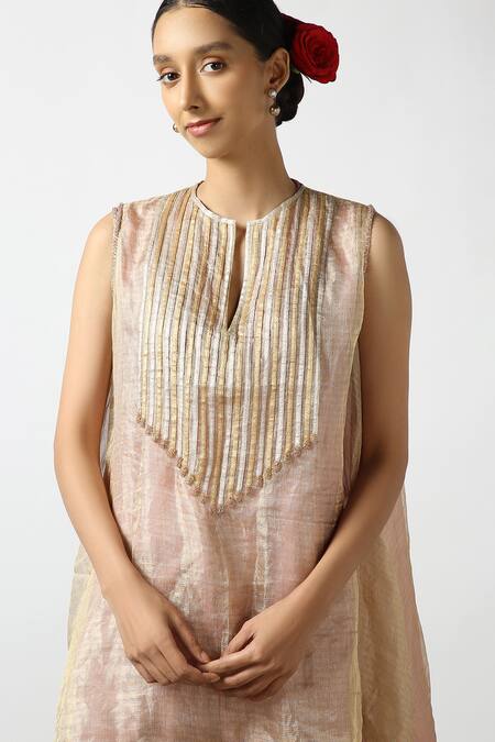 LATHA PUTTANNA_Pink Silk Tissue Embroidery Gota Keyhole Stripe Pattern Kurta And Pant Set _Online_at_Aza_Fashions