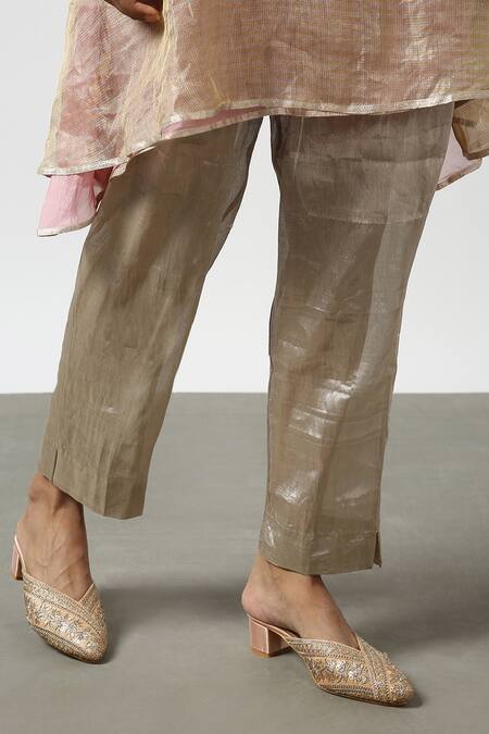 Buy_LATHA PUTTANNA_Pink Silk Tissue Embroidery Gota Keyhole Stripe Pattern Kurta And Pant Set _Online_at_Aza_Fashions