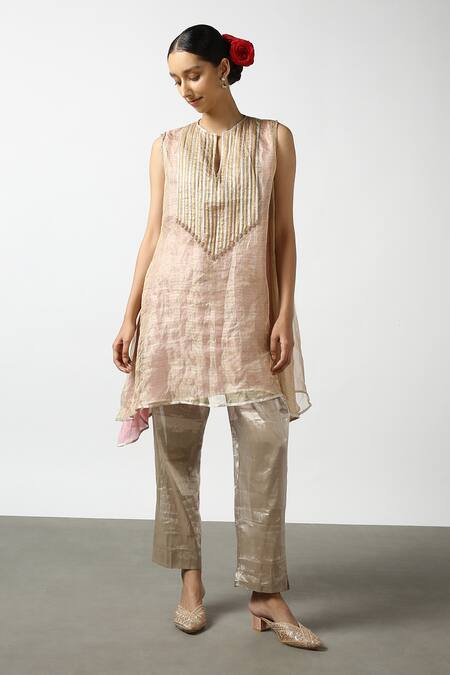 Shop_LATHA PUTTANNA_Pink Silk Tissue Embroidery Gota Keyhole Stripe Pattern Kurta And Pant Set _Online_at_Aza_Fashions