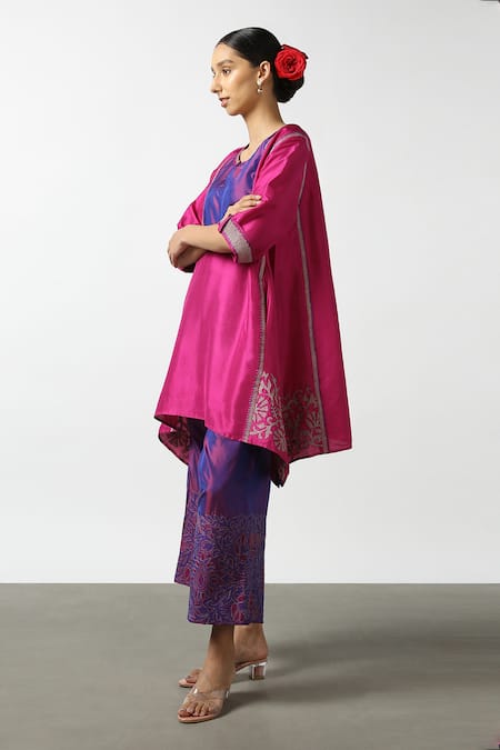 Shop LATHA PUTTANNA Pink Slub Silk Embroidery Zari Thread Notched Tunic Online at Aza Fashions Shop_LATHA PUTTANNA_Pink Slub Silk Embroidery Zari Thread Notched Tunic _Online_at_Aza_Fashions