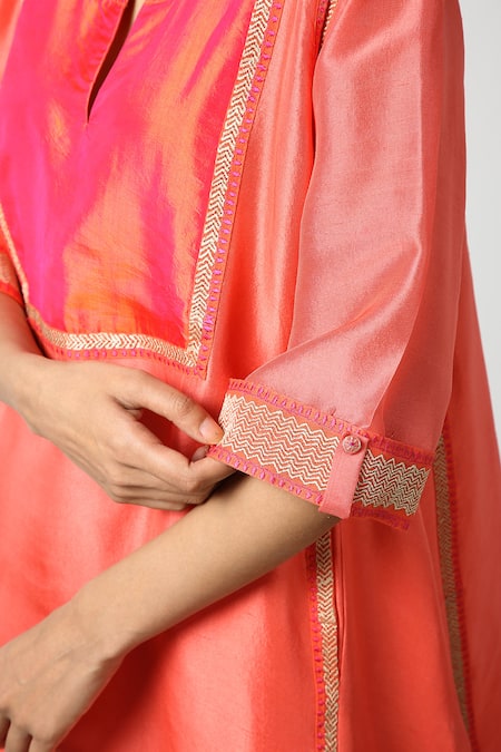 Buy LATHA PUTTANNA Peach Slub Silk Embroidery Zari Thread Notched Yoke Tunic Online at Aza Fashions Buy_LATHA PUTTANNA_Peach Slub Silk Embroidery Zari Thread Notched Yoke Tunic _Online_at_Aza_Fashions