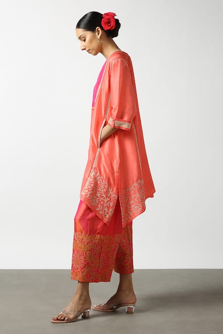 Shop LATHA PUTTANNA Peach Slub Silk Embroidery Zari Thread Notched Yoke Tunic Online at Aza Fashions Shop_LATHA PUTTANNA_Peach Slub Silk Embroidery Zari Thread Notched Yoke Tunic _Online_at_Aza_Fashions
