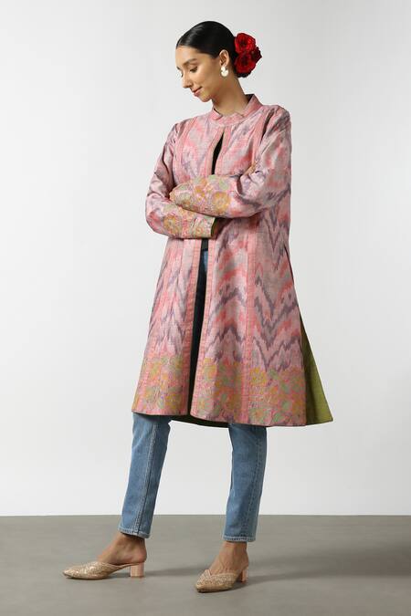 LATHA PUTTANNA_Pink Hand Woven Silk Embroidered Collar Long Coat  _Online_at_Aza_Fashions