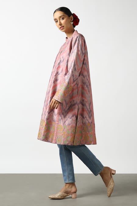 Buy_LATHA PUTTANNA_Pink Hand Woven Silk Embroidered Collar Long Coat  _Online_at_Aza_Fashions
