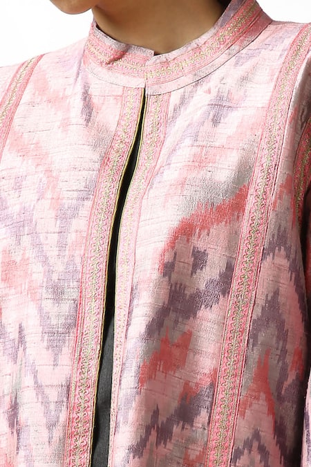 Shop_LATHA PUTTANNA_Pink Hand Woven Silk Embroidered Collar Long Coat  _Online_at_Aza_Fashions