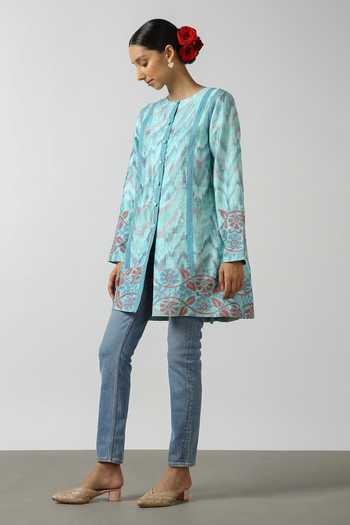 LATHA PUTTANNA_Blue Hand Woven Silk Embroidered Round Floral Coat  _Online_at_Aza_Fashions