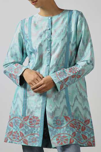 Buy_LATHA PUTTANNA_Blue Hand Woven Silk Embroidered Round Floral Coat  _Online_at_Aza_Fashions