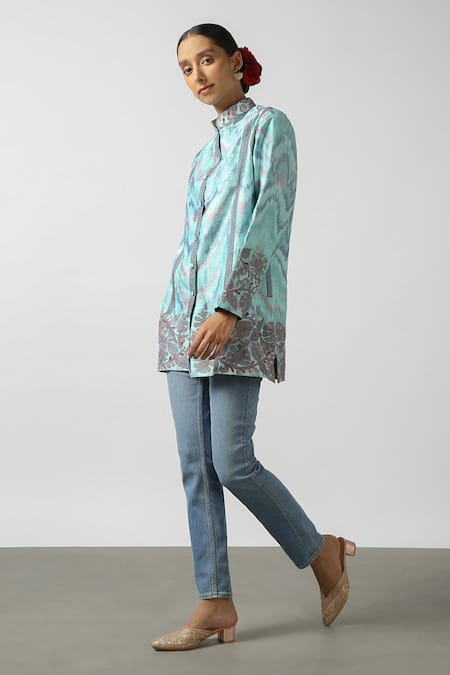 LATHA PUTTANNA_Blue Hand Woven Silk Embroidered Collar Floral Coat  _Online_at_Aza_Fashions