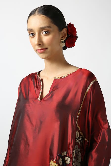 Buy_LATHA PUTTANNA_Maroon Two Tone Silk Embroidered Applique Kalamkari Kurta And Pant Set  _Online_at_Aza_Fashions