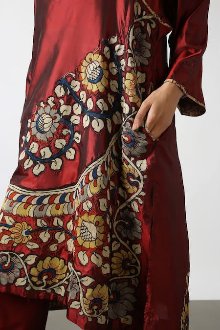 Shop_LATHA PUTTANNA_Maroon Two Tone Silk Embroidered Applique Kalamkari Kurta And Pant Set  _Online_at_Aza_Fashions