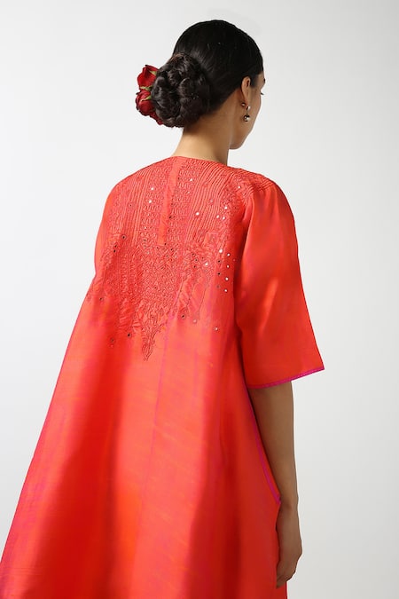 Latha Puttanna Red Raw Silk Embroidered Mirror Round Asymmetric Kurta And Pant Set Online at Aza Fashions Latha Puttanna_Red Raw Silk Embroidered Mirror Round Asymmetric Kurta And Pant Set _Online_at_Aza_Fashions