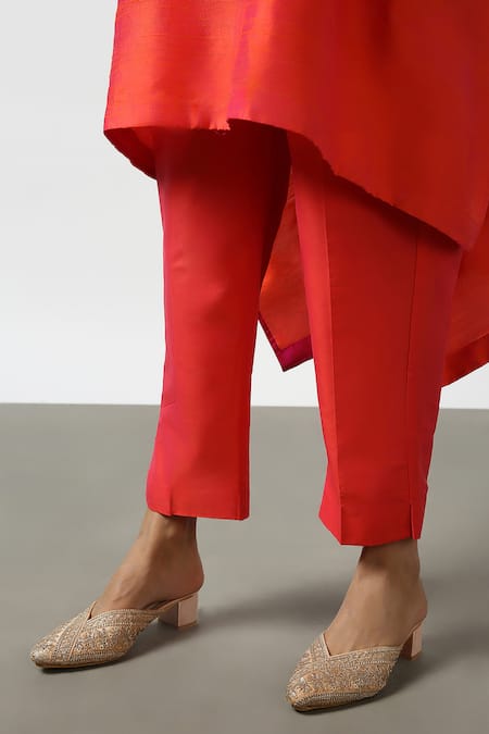 Shop Latha Puttanna Red Raw Silk Embroidered Mirror Round Asymmetric Kurta And Pant Set Online at Aza Fashions Shop_Latha Puttanna_Red Raw Silk Embroidered Mirror Round Asymmetric Kurta And Pant Set _Online_at_Aza_Fashions