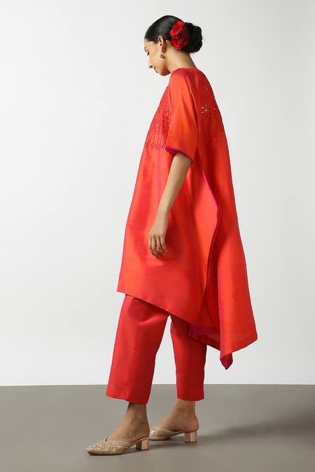 Latha Puttanna Red Raw Silk Embroidered Mirror Round Asymmetric Kurta And Pant Set at Aza Fashions Latha Puttanna_Red Raw Silk Embroidered Mirror Round Asymmetric Kurta And Pant Set _at_Aza_Fashions