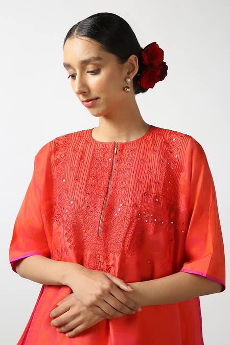 Buy Latha Puttanna Red Raw Silk Embroidered Mirror Round Asymmetric Kurta And Pant Set Buy_Latha Puttanna_Red Raw Silk Embroidered Mirror Round Asymmetric Kurta And Pant Set
