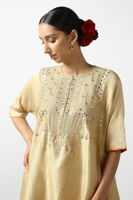 Latha Puttanna Gold Raw Silk Embroidered Mirror Round Asymmetric Kurta And Pant Set Online at Aza Fashions Latha Puttanna_Gold Raw Silk Embroidered Mirror Round Asymmetric Kurta And Pant Set _Online_at_Aza_Fashions