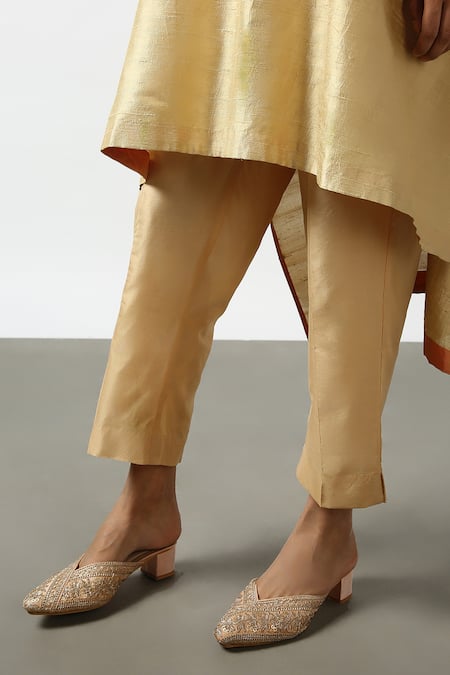 Shop Latha Puttanna Gold Raw Silk Embroidered Mirror Round Asymmetric Kurta And Pant Set Online at Aza Fashions Shop_Latha Puttanna_Gold Raw Silk Embroidered Mirror Round Asymmetric Kurta And Pant Set _Online_at_Aza_Fashions