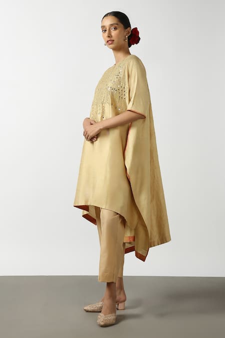 Latha Puttanna Gold Raw Silk Embroidered Mirror Round Asymmetric Kurta And Pant Set at Aza Fashions Latha Puttanna_Gold Raw Silk Embroidered Mirror Round Asymmetric Kurta And Pant Set _at_Aza_Fashions