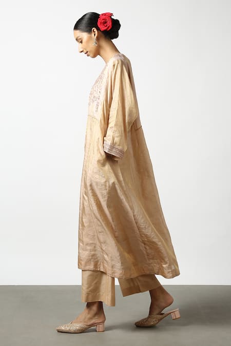 Latha Puttanna Beige Banaras Silk Tissue Embroidered Bead Round Kurta And Pant Set Online at Aza Fashions Latha Puttanna_Beige Banaras Silk Tissue Embroidered Bead Round Kurta And Pant Set _Online_at_Aza_Fashions