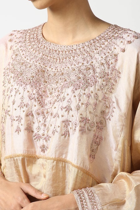 Buy Latha Puttanna Beige Banaras Silk Tissue Embroidered Bead Round Kurta And Pant Set Online at Aza Fashions Buy_Latha Puttanna_Beige Banaras Silk Tissue Embroidered Bead Round Kurta And Pant Set _Online_at_Aza_Fashions