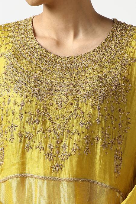 Buy_Latha Puttanna_Yellow Banaras Silk Tissue Embroidered Bead Straight Kurta And Pant Set  _Online_at_Aza_Fashions