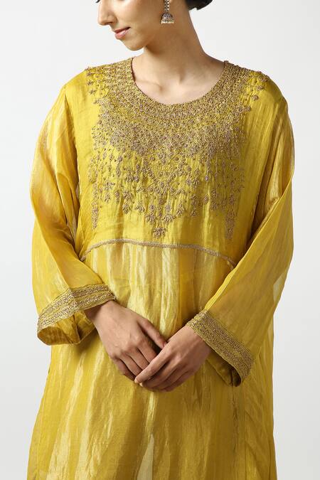 Shop_Latha Puttanna_Yellow Banaras Silk Tissue Embroidered Bead Straight Kurta And Pant Set  _Online_at_Aza_Fashions