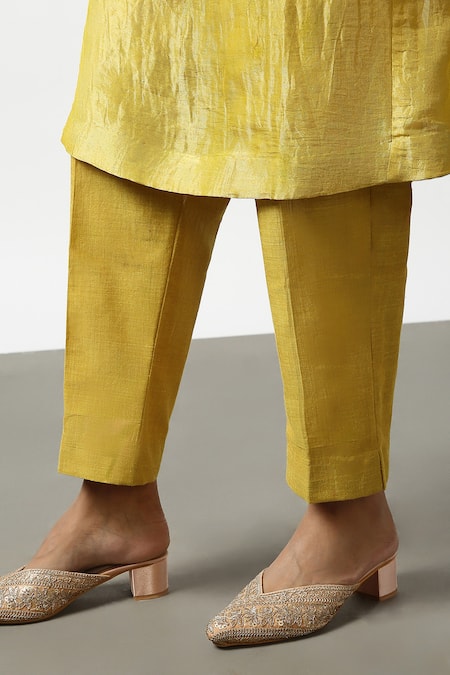 Latha Puttanna_Yellow Banaras Silk Tissue Embroidered Bead Straight Kurta And Pant Set  _at_Aza_Fashions