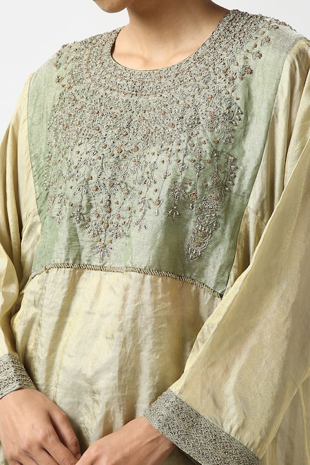 Buy Latha Puttanna Green Banaras Silk Tissue Embroidered Bead Round Kurta And Pant Set Online at Aza Fashions Buy_Latha Puttanna_Green Banaras Silk Tissue Embroidered Bead Round Kurta And Pant Set _Online_at_Aza_Fashions