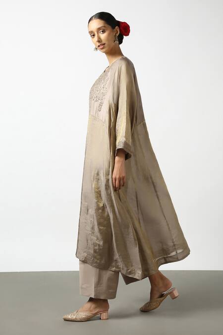 Latha Puttanna_Grey Banaras Silk Tissue Embroidered Bead Round Kurta And Pant Set _Online_at_Aza_Fashions