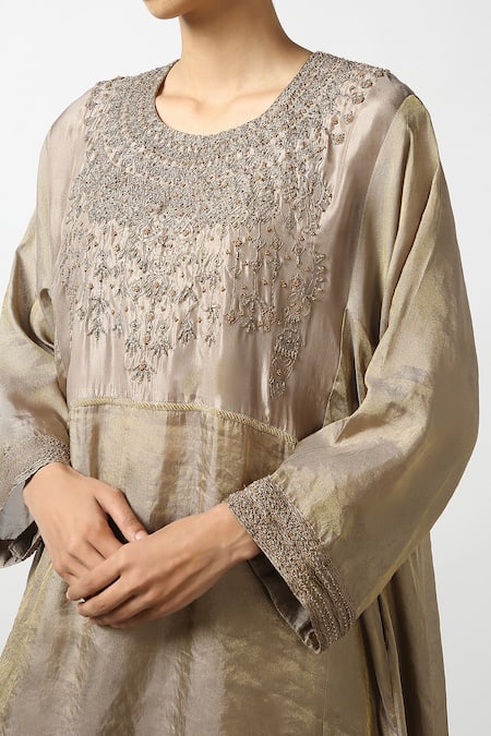 Buy_Latha Puttanna_Grey Banaras Silk Tissue Embroidered Bead Round Kurta And Pant Set _Online_at_Aza_Fashions