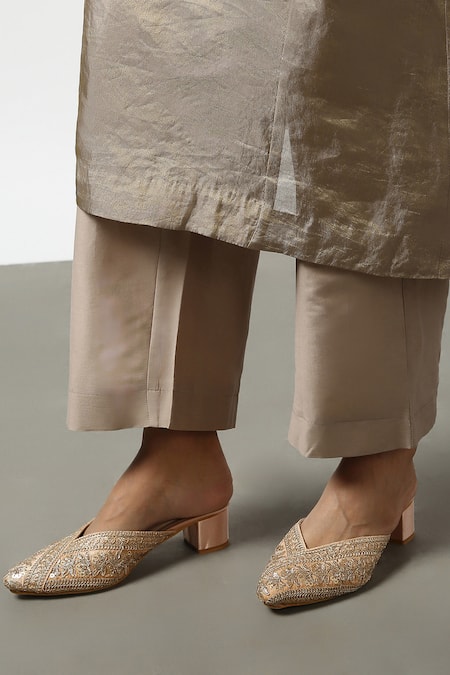 Shop_Latha Puttanna_Grey Banaras Silk Tissue Embroidered Bead Round Kurta And Pant Set _Online_at_Aza_Fashions