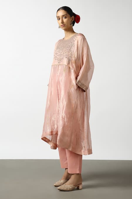 Latha Puttanna_Pink Banaras Silk Tissue Embroidered Bead Straight Kurta And Pant Set  _Online_at_Aza_Fashions